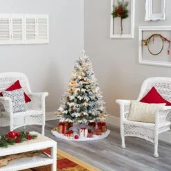 4 Ft. Pre-Lit Flocked Vermont Mixed Pine Artificial Christmas Tree With 100 Clear LED Lights -Christmas Gift Shop nearly natural pre lit christmas trees t1771 44 1000