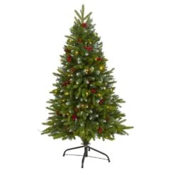 4 Ft. Pre-Lit Snow Tipped Portland Spruce Artificial Christmas Tree, Frosted Berries, Pine Cones, 100 Clear LED Lights