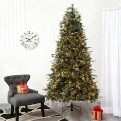 7.5 Ft. Pre-Lit Snowed Tipped Mixed Pine Artificial Christmas Tree With 600 Clear LED Lights, Pine Cones -Christmas Gift Shop nearly natural pre lit christmas trees t1862 31 1000