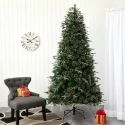 7.5 Ft. Pre-Lit Snowed Tipped Mixed Pine Artificial Christmas Tree With 600 Clear LED Lights, Pine Cones -Christmas Gift Shop nearly natural pre lit christmas trees t1862 fa 1000