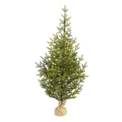 5 Ft. Pre-Lit Fraser Fir Natural Look Artificial Christmas Tree With 200 Clear LED Lights In A Burlap Base