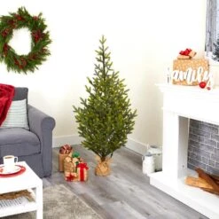 5 Ft. Pre-Lit Fraser Fir Natural Look Artificial Christmas Tree With 200 Clear LED Lights In A Burlap Base -Christmas Gift Shop nearly natural pre lit christmas trees t1865 66 1000