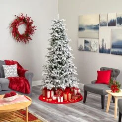 7 Ft. Pre-Lit Flocked North Carolina Fir Artificial Christmas Tree With 550 Warm White Lights -Christmas Gift Shop nearly natural pre lit christmas trees t1873 fa 1000