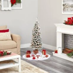 4 Ft. Flocked Pencil Artificial Christmas Tree With 100 Clear Lights And 216 Bendable Branches -Christmas Gift Shop nearly natural pre lit christmas trees t1904 44 1000