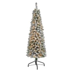 5 Ft. Flocked Pencil Artificial Christmas Tree With 200 Clear Lights And 318 Bendable Branches