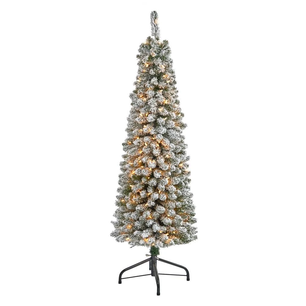 5 Ft. Flocked Pencil Artificial Christmas Tree With 200 Clear Lights And 318 Bendable Branches 3 5 Ft. Flocked Pencil Artificial Christmas Tree With 200 Clear Lights And 318 Bendable Branches
