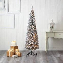 6 Ft. Pre-Lit Flocked Pencil Artificial Christmas Tree With 300 Clear Lights -Christmas Gift Shop nearly natural pre lit christmas trees t1906 31 1000