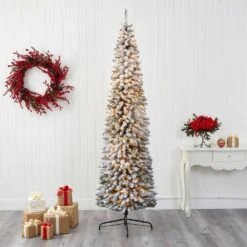 8 Ft. Flocked Pencil Artificial Christmas Tree With 500 Clear Lights And 646 Bendable Branches -Christmas Gift Shop nearly natural pre lit christmas trees t1908 31 1000