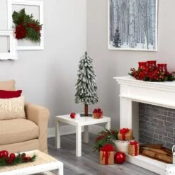 3 Ft. Flocked Grand Alpine Artificial Christmas Tree With 50 Clear Lights And 193 Bendable Branches On Natural Trunk -Christmas Gift Shop nearly natural pre lit christmas trees t1950 fa 1000