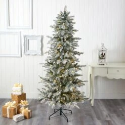 6.5 Ft. Pre-Lit Slim Flocked Nova Scotia Spruce Artificial Christmas Tree With 300 Warm White LED Lights -Christmas Gift Shop nearly natural pre lit christmas trees t1978 31 1000