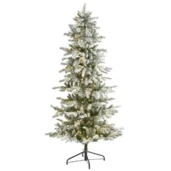 6.5 Ft. Pre-Lit Slim Flocked Nova Scotia Spruce Artificial Christmas Tree With 300 Warm White LED Lights