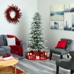 6.5 Ft. Pre-Lit Slim Flocked Nova Scotia Spruce Artificial Christmas Tree With 300 Warm White LED Lights -Christmas Gift Shop nearly natural pre lit christmas trees t1978 fa 1000