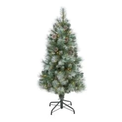 4 Ft. Pre-Lit Frosted Tip British Columbia Mountain Pine Artificial Christmas Tree With 100 Clear Lights, Pine Cones