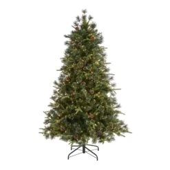 6 Ft. Pre-Lit Snowed Tipped Clermont Mixed Pine Artificial Christmas Tree With 250 Clear LED Lights, Pine Cones