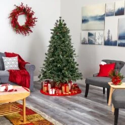 6 Ft. Pre-Lit Snowed Tipped Clermont Mixed Pine Artificial Christmas Tree With 250 Clear LED Lights, Pine Cones -Christmas Gift Shop nearly natural pre lit christmas trees t1998 fa 1000