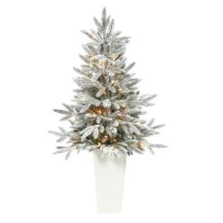 3.5 Ft. Flocked Pre-Lit Manchester Spruce Artificial Christmas Tree With 50-Lights And 133 Bendable Branches In Planter