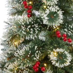 4 Ft. Frosted Pre-Lit LED Swiss Pine Artificial Christmas Tree With 100 Clear Lights And Berries In Red Planter -Christmas Gift Shop nearly natural pre lit christmas trees t2256 1f 1000