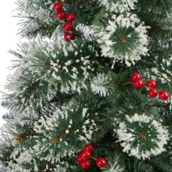 4 Ft. Frosted Pre-Lit LED Swiss Pine Artificial Christmas Tree With 100 Clear Lights And Berries In Red Planter -Christmas Gift Shop nearly natural pre lit christmas trees t2256 44 1000