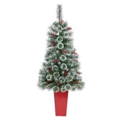 4 Ft. Frosted Pre-Lit LED Swiss Pine Artificial Christmas Tree With 100 Clear Lights And Berries In Red Planter -Christmas Gift Shop nearly natural pre lit christmas trees t2256 4f 1000