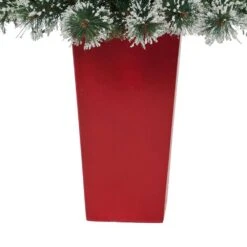 4 Ft. Frosted Pre-Lit LED Swiss Pine Artificial Christmas Tree With 100 Clear Lights And Berries In Red Planter -Christmas Gift Shop nearly natural pre lit christmas trees t2256 fa 1000
