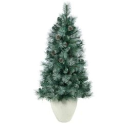 4 Ft. Frosted Pre-Lit Pine Artificial Christmas Tree With 100 Clear Lights, Pine Cones And 228 Bendable Branches Planter 10 4 Ft. Frosted Pre-Lit Pine Artificial Christmas Tree With 100 Clear Lights, Pine Cones And 228 Bendable Branches Planter -Christmas Gift Shop nearly natural pre lit christmas trees t2259 4f 1000