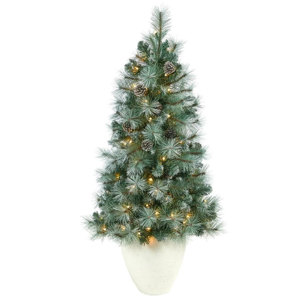 4 Ft. Frosted Pre-Lit Pine Artificial Christmas Tree With 100 Clear Lights, Pine Cones And 228 Bendable Branches Planter 3 4 Ft. Frosted Pre-Lit Pine Artificial Christmas Tree With 100 Clear Lights, Pine Cones And 228 Bendable Branches Planter