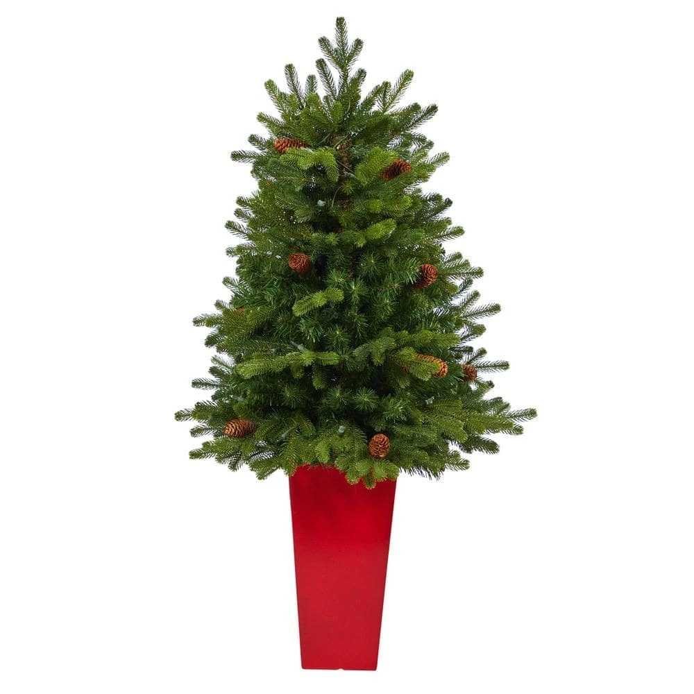 3.5 Ft. Yukon Mountain Fir Artificial Christmas Tree With 50 Clear Lights And Pine Cones In Red Planter 5 3.5 Ft. Yukon Mountain Fir Artificial Christmas Tree With 50 Clear Lights And Pine Cones In Red Planter - Image 3