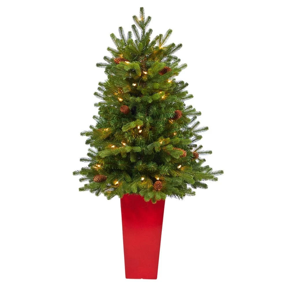 3.5 Ft. Yukon Mountain Fir Artificial Christmas Tree With 50 Clear Lights And Pine Cones In Red Planter 3 3.5 Ft. Yukon Mountain Fir Artificial Christmas Tree With 50 Clear Lights And Pine Cones In Red Planter