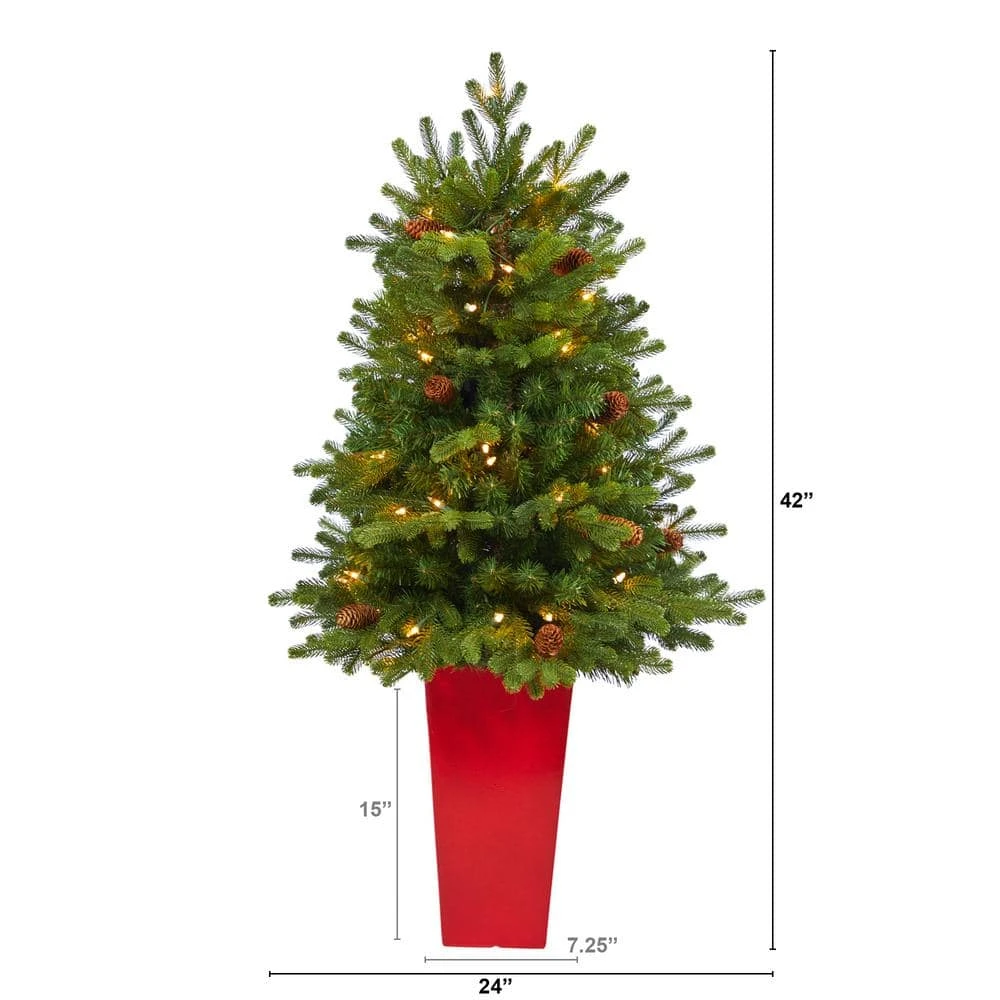 3.5 Ft. Yukon Mountain Fir Artificial Christmas Tree With 50 Clear Lights And Pine Cones In Red Planter 4 3.5 Ft. Yukon Mountain Fir Artificial Christmas Tree With 50 Clear Lights And Pine Cones In Red Planter - Image 2