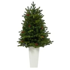 3.5 Ft. Yukon Mountain Fir Artificial Christmas Tree With 50 Clear Lights And Pine Cones In White Planter -Christmas Gift Shop nearly natural pre lit christmas trees t2291 4f 1000