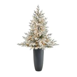 5 Ft. Flocked Fraser Fir Artificial Christmas Tree With 300 Warm White Lights And 967 Bendable Branches In Gray Planter