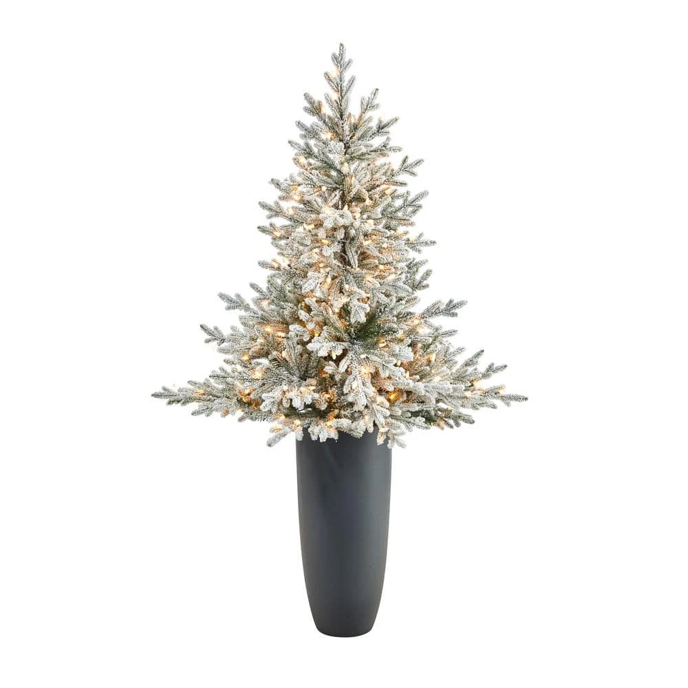5 Ft. Flocked Fraser Fir Artificial Christmas Tree With 300 Warm White Lights And 967 Bendable Branches In Gray Planter 3 5 Ft. Flocked Fraser Fir Artificial Christmas Tree With 300 Warm White Lights And 967 Bendable Branches In Gray Planter