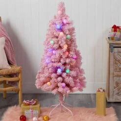 4 Ft. Holiday Frosted Pink Cashmere Artificial Christmas Tree With 30 Jumbo Multicolored Globe LED Lights -Christmas Gift Shop nearly natural pre lit christmas trees t3030 31 1000