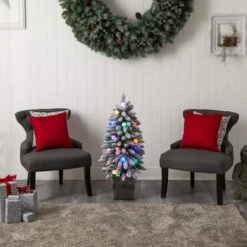 3 Ft. Flocked Highland Fir Artificial Christmas Tree With 127 Bendable Branches And 20 LED Globe Lights In Planter -Christmas Gift Shop nearly natural pre lit christmas trees t3034 76 1000