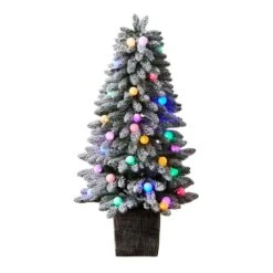 4 Ft. Winter Flocked Pre-Lit Artificial Christmas Tree With 40 LED Globe Lights, 259 Bendable Branches In Planter