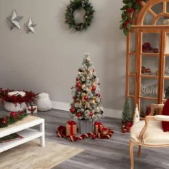 4 Ft. Winter Flocked Artificial Christmas Tree Pre-Lit With 50 LED Lights And Ornaments In Decorative Planter -Christmas Gift Shop nearly natural pre lit christmas trees t3036 1d 1000