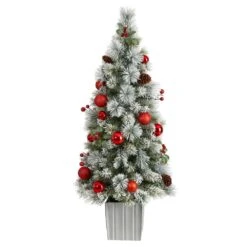4 Ft. Winter Flocked Artificial Christmas Tree Pre-Lit With 50 LED Lights And Ornaments In Decorative Planter -Christmas Gift Shop nearly natural pre lit christmas trees t3036 4f 1000