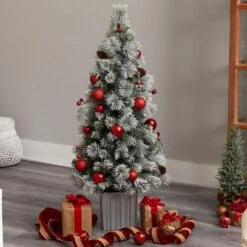 4 Ft. Winter Flocked Artificial Christmas Tree Pre-Lit With 50 LED Lights And Ornaments In Decorative Planter -Christmas Gift Shop nearly natural pre lit christmas trees t3036 76 1000