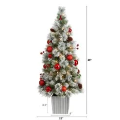 4 Ft. Winter Flocked Artificial Christmas Tree Pre-Lit With 50 LED Lights And Ornaments In Decorative Planter -Christmas Gift Shop nearly natural pre lit christmas trees t3036 c3 1000
