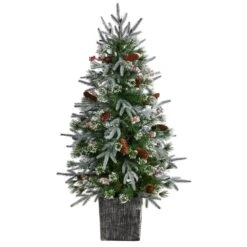 4 Ft. Frosted Artificial Christmas Tree Pre-Lit With 105 LED Lights And Berries In Decorative Planter -Christmas Gift Shop nearly natural pre lit christmas trees t3037 4f 1000