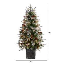 4 Ft. Frosted Artificial Christmas Tree Pre-Lit With 105 LED Lights And Berries In Decorative Planter -Christmas Gift Shop nearly natural pre lit christmas trees t3037 c3 1000