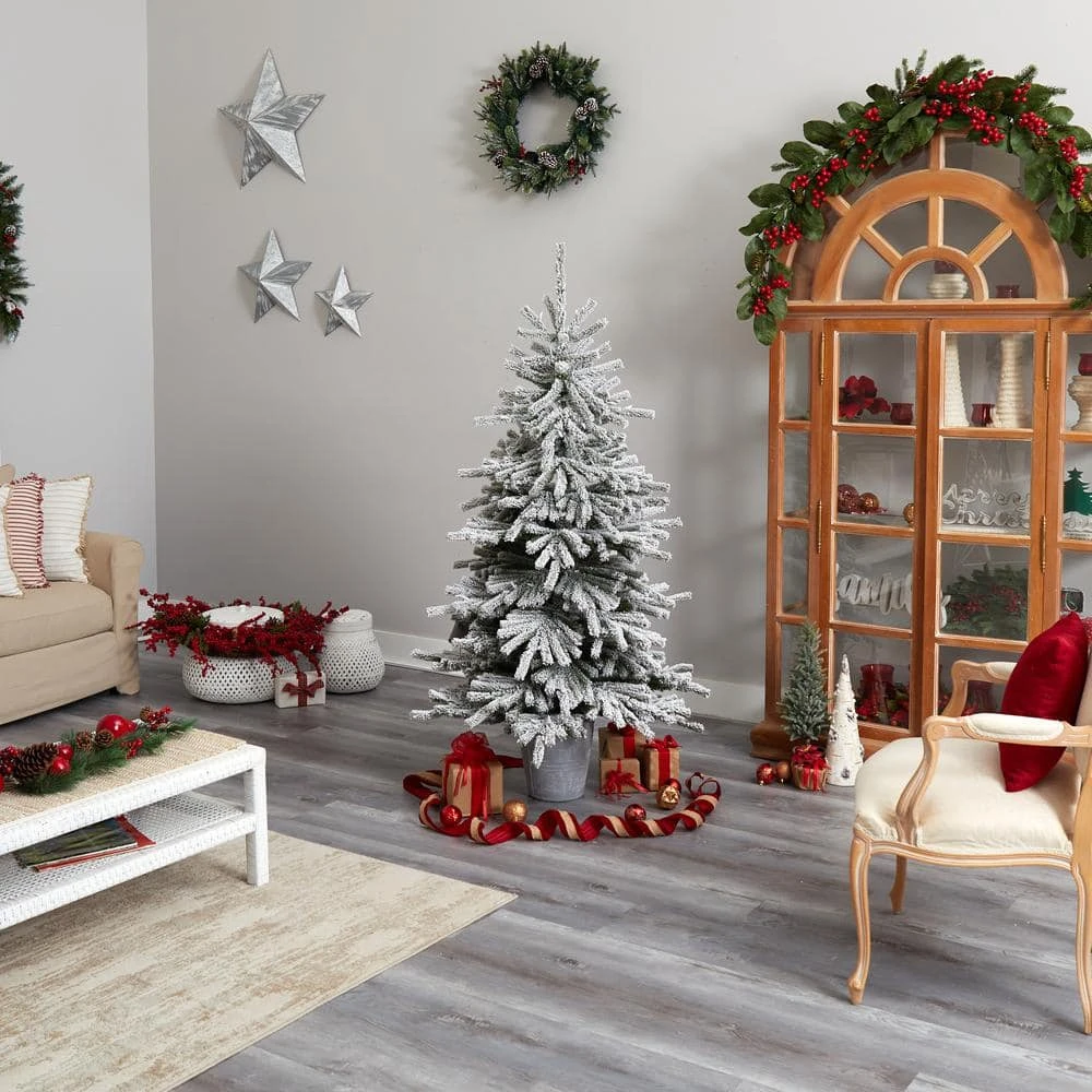 6 Ft. Flocked Long Vermont Pine Artificial Christmas Tree With 758 Bendable Branches And 250 LED Lights In Planter 4 6 Ft. Flocked Long Vermont Pine Artificial Christmas Tree With 758 Bendable Branches And 250 LED Lights In Planter - Image 2