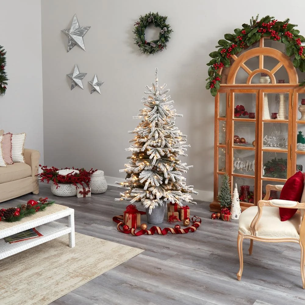 6 Ft. Flocked Long Vermont Pine Artificial Christmas Tree With 758 Bendable Branches And 250 LED Lights In Planter 10 6 Ft. Flocked Long Vermont Pine Artificial Christmas Tree With 758 Bendable Branches And 250 LED Lights In Planter - Image 8