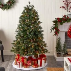 4 Ft. Snowed Tipped Clermont Mixed Pine Artificial Christmas Tree W200 Clear Lights, Pine Cones And Bendable Branches -Christmas Gift Shop nearly natural pre lit christmas trees t3042 31 1000
