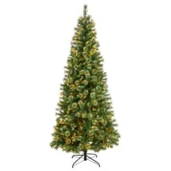 8 Ft. Pre-Lit Wisconsin Slim Snow Tip Pine Artificial Christmas Tree With 600 Clear LED Lights And 908 Bendable Branches