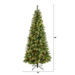 8 Ft. Pre-Lit Wisconsin Slim Snow Tip Pine Artificial Christmas Tree With 600 Clear LED Lights And 908 Bendable Branches -Christmas Gift Shop nearly natural pre lit christmas trees t3050 c3 1000