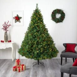8 Ft. LED West Virginia Full Bodied Mixed Pine Artificial Christmas Tree With 700 Clear Lights And Pine Cones -Christmas Gift Shop nearly natural pre lit christmas trees t3052 31 1000