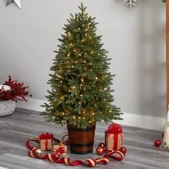 5 Ft. Pre-Lit LED Porch Artificial Christmas Tree With 200-Lights And 497 Bendable Branches In Decorative Planter -Christmas Gift Shop nearly natural pre lit christmas trees t3282 31 1000