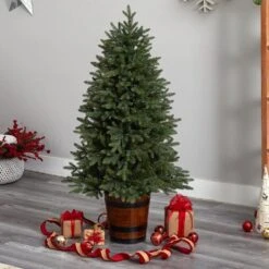 5 Ft. Pre-Lit LED Porch Artificial Christmas Tree With 200-Lights And 497 Bendable Branches In Decorative Planter -Christmas Gift Shop nearly natural pre lit christmas trees t3282 76 1000