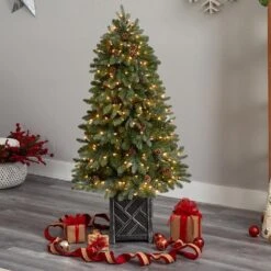 5 Ft. LED Fir Flocked Dusted Artificial Christmas Tree With 300-Lights, 514 Bendable Branches And Pinecones In Planter -Christmas Gift Shop nearly natural pre lit christmas trees t3283 31 1000